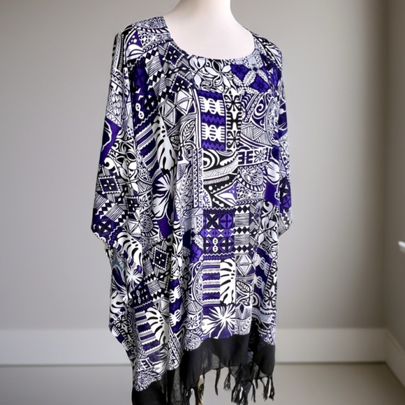 0122/ Black Purple Patterns Poncho with fringed, Tropical Pattern Poncho - Picture 10 of 11
